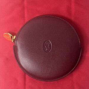 Authentic Cartier Must de Leather Zippy Round Coin Purse Case Bordeaux Boxed